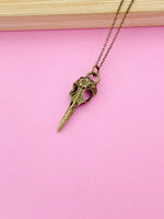 Bronze Halloween Raven Bird Skull Necklace, Gothic Jewelry, N975Y