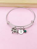 Silver Goat Charm Bangle Bracelet, Personalized Initial, Birthstone Crystal