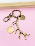 Bronze Antler Keychain, Personalized Initial Charm