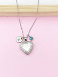 Silver Heart Locket Necklace, Personalized Initial Birthstone Jewelry