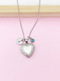 Silver Heart Locket Necklace, Flower Girl Necklace, Love Necklace, Keepsake Photo Frame, Personalized Initial Birthstone Jewelry Gift, N3306