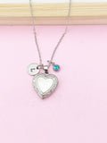 Silver Heart Locket Necklace, Personalized Initial Birthstone Jewelry