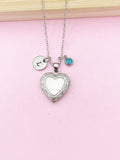 Silver Heart Locket Necklace, Personalized Initial Birthstone Jewelry
