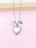 Silver Heart Locket Necklace, Personalized Initial Birthstone Jewelry
