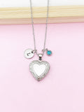 Silver Heart Locket Necklace, Personalized Initial Birthstone Jewelry