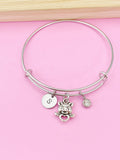 Silver Pig Charm Bangle, Initial, Birthstone, Stainless Steel