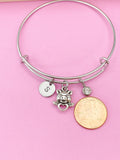 Silver Pig Charm Bangle, Initial, Birthstone, Stainless Steel