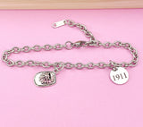 Silver Firefighter Helmet Badge Number Charm Bracelet Fireman Gifts Ideas, N1242A