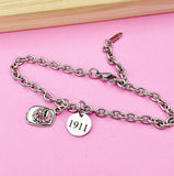 Silver Firefighter Helmet Badge Number Charm Bracelet, Fireman Gifts, N1242D