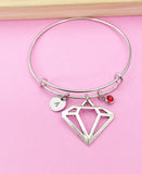 Diamond Charm Bangle Bracelet, Personalized Initial, Birthstone, Silver Tone