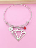 Diamond Charm Bangle Bracelet, Personalized Initial, Birthstone, Silver Tone