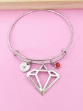 Diamond Charm Bangle Bracelet, Personalized Initial, Birthstone, Silver Tone