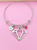 Diamond Charm Bangle Bracelet, Personalized Initial, Birthstone, Silver Tone