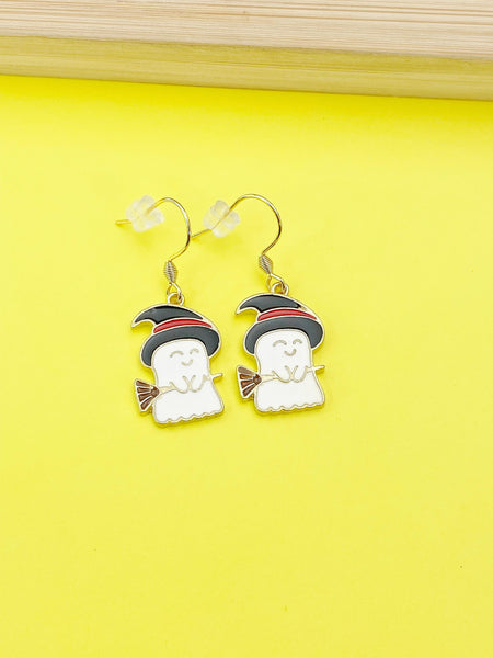 Gold Halloween Ghost Witch Hat Broom Charm Earrings, N3688