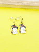 Gold Halloween Ghost Witch Hat Broom Charm Earrings, N3688