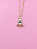 Gold Christmas Tree Charm Necklace, Enamel Star Jewelry