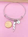 Silver Lightning Charm Bangle Bracelet, Initial Charm
