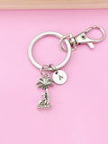 Silver Palm Tree Keychain, Initial Charm, Tropical Keyring