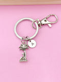 Silver Palm Tree Keychain, Initial Charm, Tropical Keyring