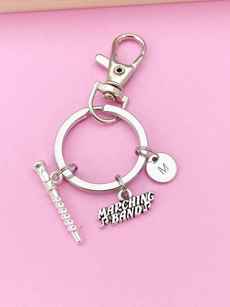 Silver Flute Marching Band Charm Keychain, Wind instrument, N5764