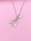 Silver Cutlery Charm Necklace, Chef Gift, Initial Necklace