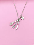 Silver Fork Spoon Knife Charm Necklace, Cutlery Kitchen Utensil Food Drink Chef, Foodie Gift, N2028