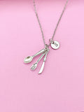 Silver Cutlery Charm Necklace, Chef Gift, Initial Necklace