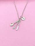 Silver Fork Spoon Knife Charm Necklace, Cutlery Kitchen Utensil Food Drink Chef, Foodie Gift, N2028