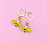 Gold Bee Dangle Earrings, Enamel Charm, Stainless Steel Hooks