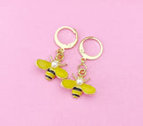 Gold Bee Dangle Earrings, Enamel Charm, Stainless Steel Hooks