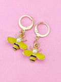 Gold Bee Dangle Earrings, Enamel Charm, Stainless Steel Hooks
