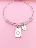 Ace of Spades Charm Bangle Bracelet, Poker Jewelry, Initial Charm