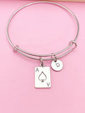 Ace of Spades Charm Bangle Bracelet, Poker Jewelry, Initial Charm