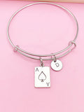Ace of Spades Charm Bangle Bracelet, Poker Jewelry, Initial Charm