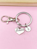 Silver Princess Heart Charm Keychain, Initial Keyring
