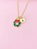 Gold Christmas Wreath Charm Necklace, Personalized Customized Gifts, N614