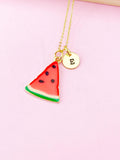 Gold Red Green Watermelon Charm Necklace, Summer Jewelry Gift, Personalized Initial Gift, N2099F