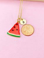 Gold Red Green Watermelon Charm Necklace, Summer Jewelry Gift, Personalized Initial Gift, N2099F