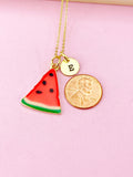 Gold Red Green Watermelon Charm Necklace, Summer Jewelry Gift, Personalized Initial Gift, N2099F