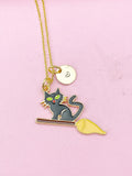 Gold Black Cat Riding Broom Charm Necklace, N2578