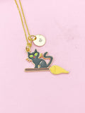 Gold Black Cat Riding Broom Charm Necklace, N2578