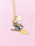 Gold Black Cat Riding Broom Charm Necklace, N2578