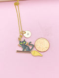 Gold Black Cat Riding Broom Charm Necklace, N2578
