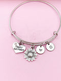 Sunflower Charm Bracelet, Happy Retirement Gift, Initial Bangle