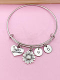 Sunflower Charm Bracelet, Happy Retirement Gift, Initial Bangle