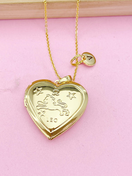 Gold Leo Locket Necklace, Love, Keepsake Photo Frame, N4048