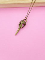 Bronze Halloween Raven Bird Skull Necklace, Gothic Jewelry, N975Y