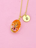Gold Tree Necklace, Real Dried Flower, Initial Charm