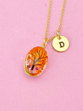 Gold Tree Necklace, Real Dried Flower, Initial Charm
