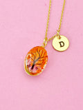 Gold Tree Necklace, Real Dried Flower, Initial Charm